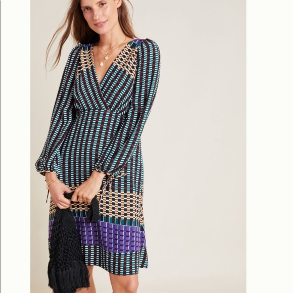 Anthropologie Black Teal Purple Geometric Wrap Midi Dress